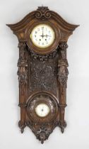 large oak wall clock, c. 1900, with clock and barometer, the lower part of the barometer