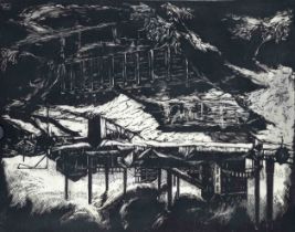 Monogrammist HS, 1st half 20th century, industrial landscape, large woodcut on very fine paper,