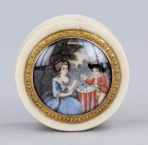 Small lidded box, France? 19th century, bone. A gold-framed miniature painting on the lid. Rim