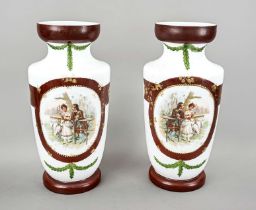 A pair of large milk glass vases, early 20th century, round base, conical body, recessed at the