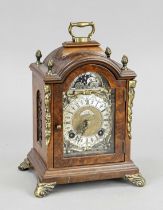 Table clock, 20th century, marked John Smith, walnut, florally engraved brass dial with applied