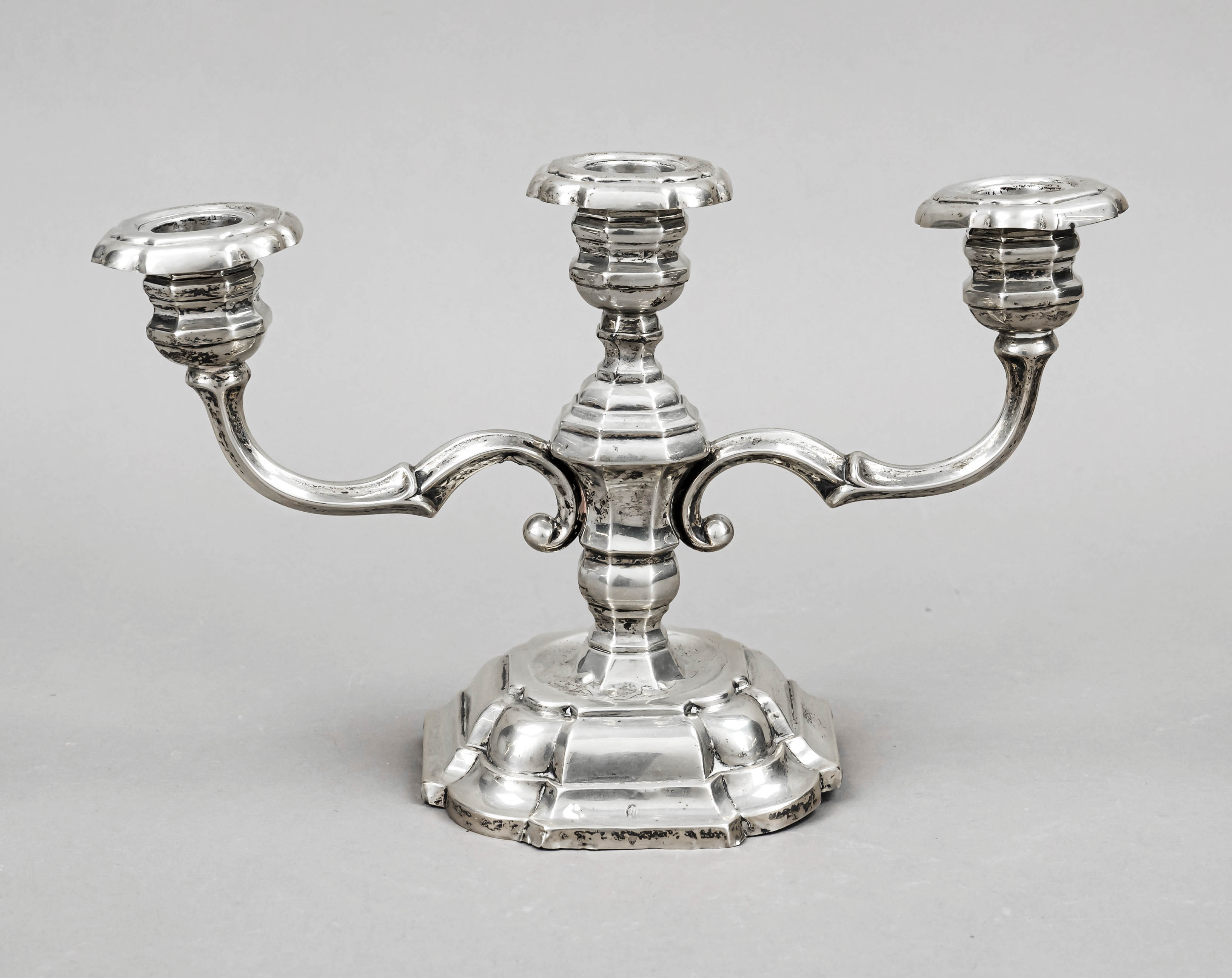 Three-flame candlestick, Denmark, 1952, MZ, silver 830/000, square stand with rounded corners,
