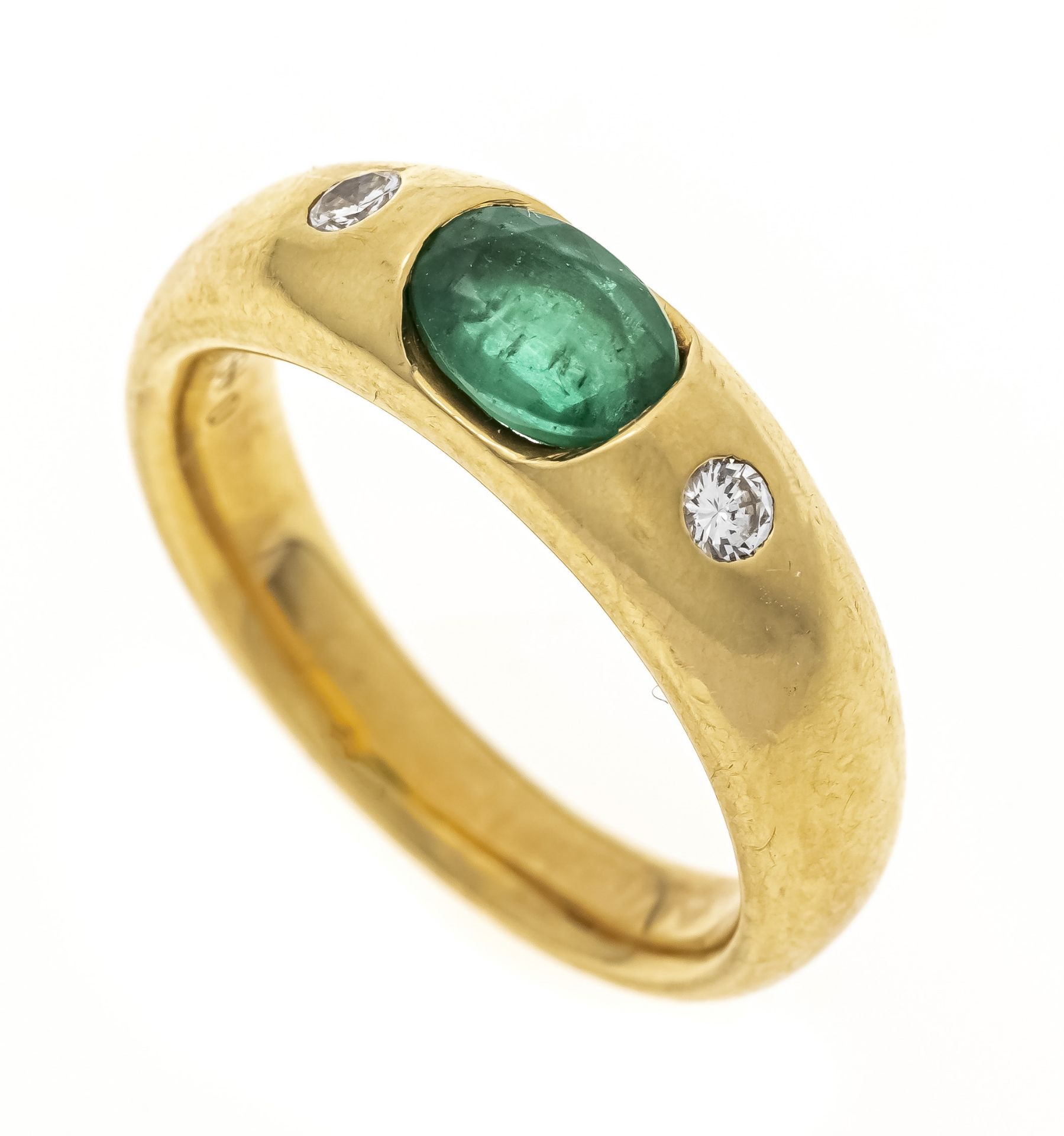 Emerald and brilliant-cut diamond band ring GG 750/000 with an oval faceted emerald 0.82 ct (