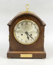 Oak table clock, with domed roof, circa 1923 according to the dedication plaque, top and side