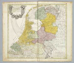 Historical map of Belgium, ''Belgium Foederatum...'', partly col. Copper engraving by Homann Erben