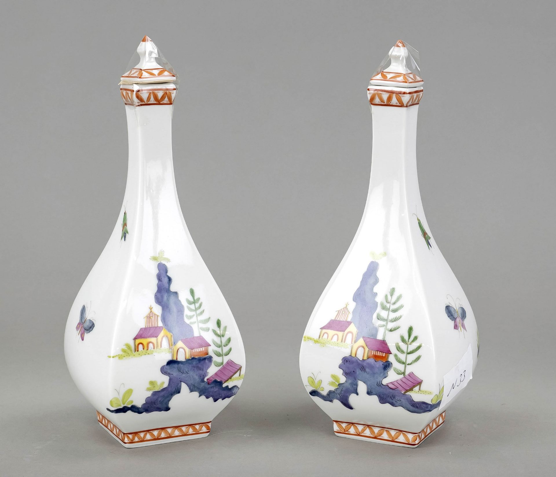Pair of flasks with stoppers as sake bottles, Potschappel, Dresden, 20th century, polychrome