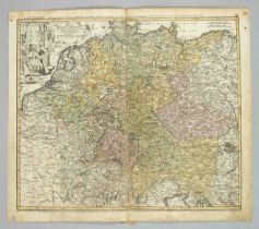 Historical map of Germany -- ''Imperii Romano Germanici...'', partly col. Copper engraving by Homann