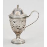 Mustard jar, c. 1900, hallmarked silver, round base, urn-shaped body, domed and hinged hinged lid,