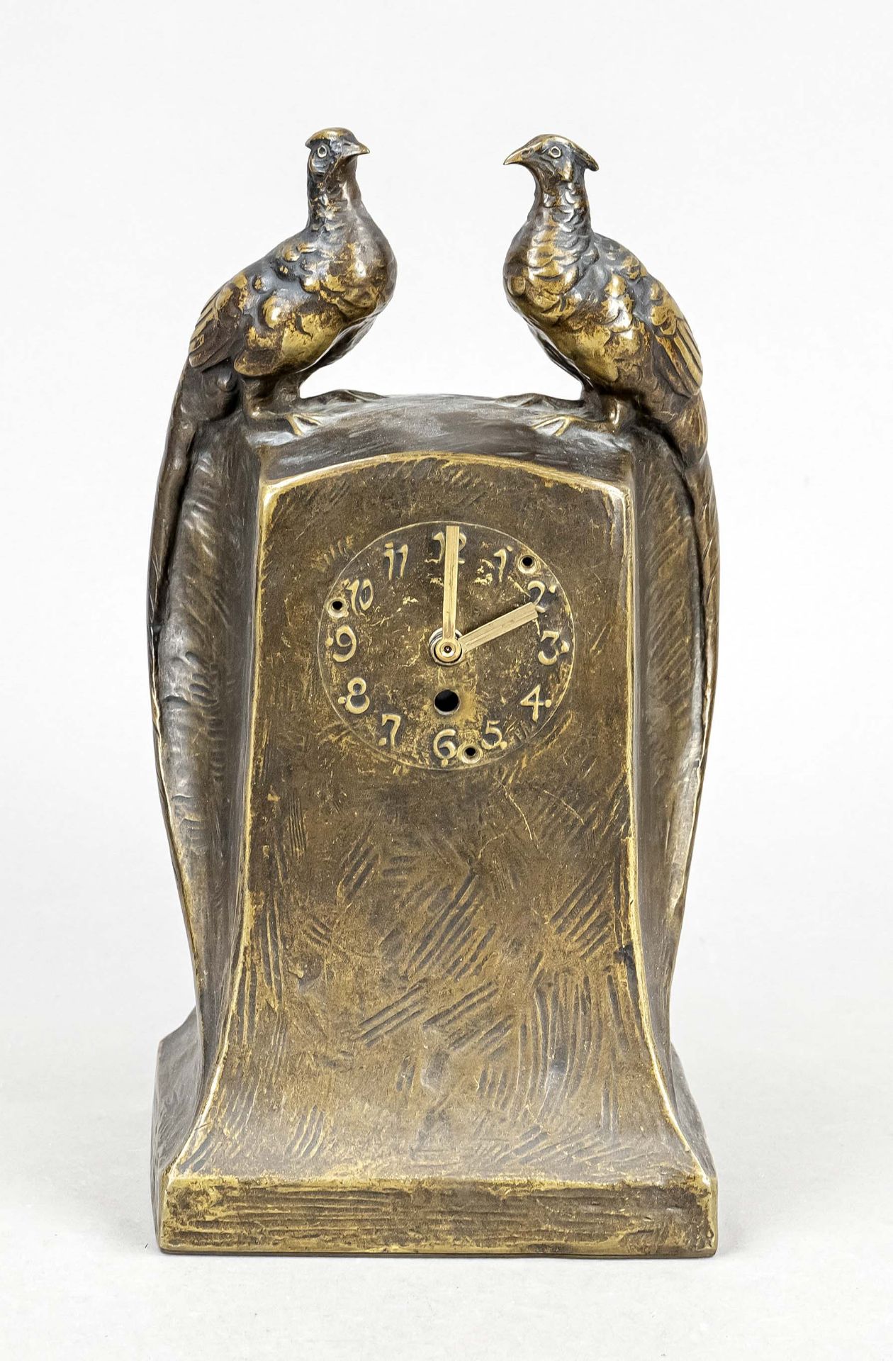 Bronze Art Nouveau table clock F.Cornik, 2 pheasants on the base, dial with raised Arabic