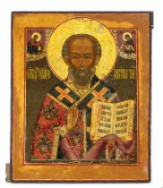 Icon of St. Nicholas, Russia 19th century, polychrome tempera painting and gold on chalk ground.