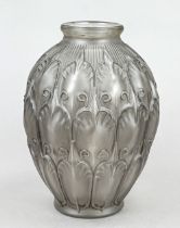 Art Deco vase, probably France, c. 1930, round stand, ovoid body, grey moulded glass, wall with