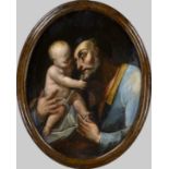 Italian aler of the 17th century, St. Joseph with the Infant Christ, oil on canvas in oval,