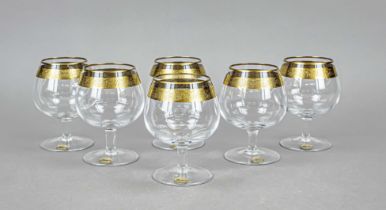 Six cognac tumblers, Moser Karlsbad, 2nd half 20th century, clear glass with wide gold rim, each