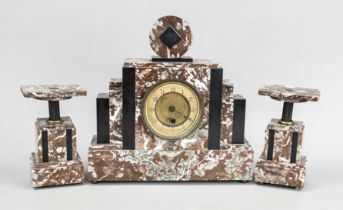 Art Deco' mantel clock with 2 side plates in brownish/black marble, round and angular shapes,