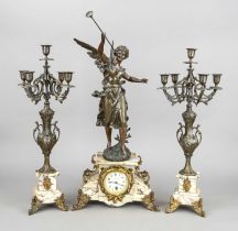 Clock set, 3-piece, 2nd half 19th century, crowned by a flute playing angel figure in white cast