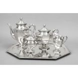 A four-piece Art Deco coffee and tea centerpiece on tray, German, c. 1920, MZ hammered, silver 800/