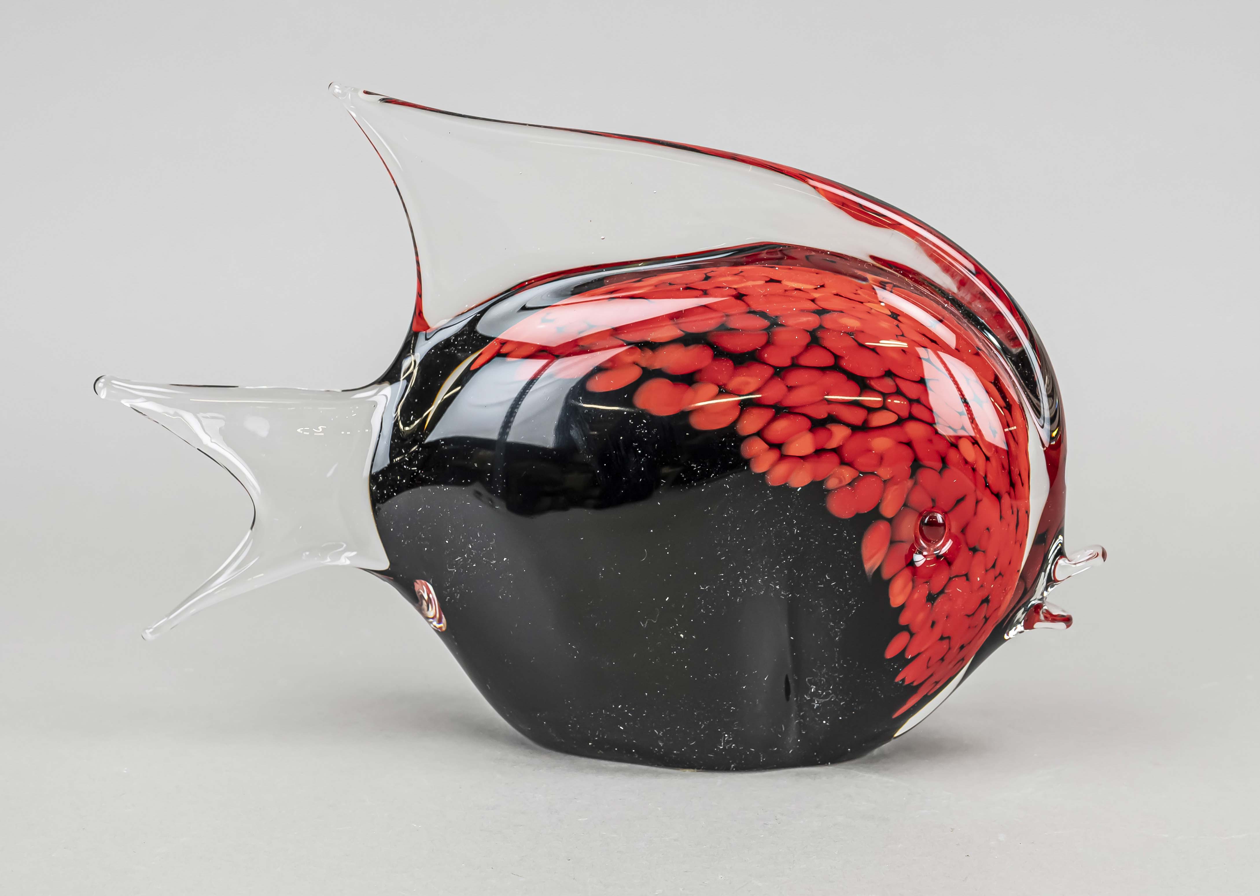 Large fish, probably Italian, 20th century, clear glass, partly with black overlay and red fused