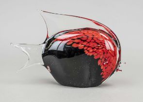 Large fish, probably Italian, 20th century, clear glass, partly with black overlay and red fused