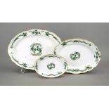 Three oval bowls, Meissen, New Cut-out shape, Green Court Dragon decoration, gold scales, 2 bowls,