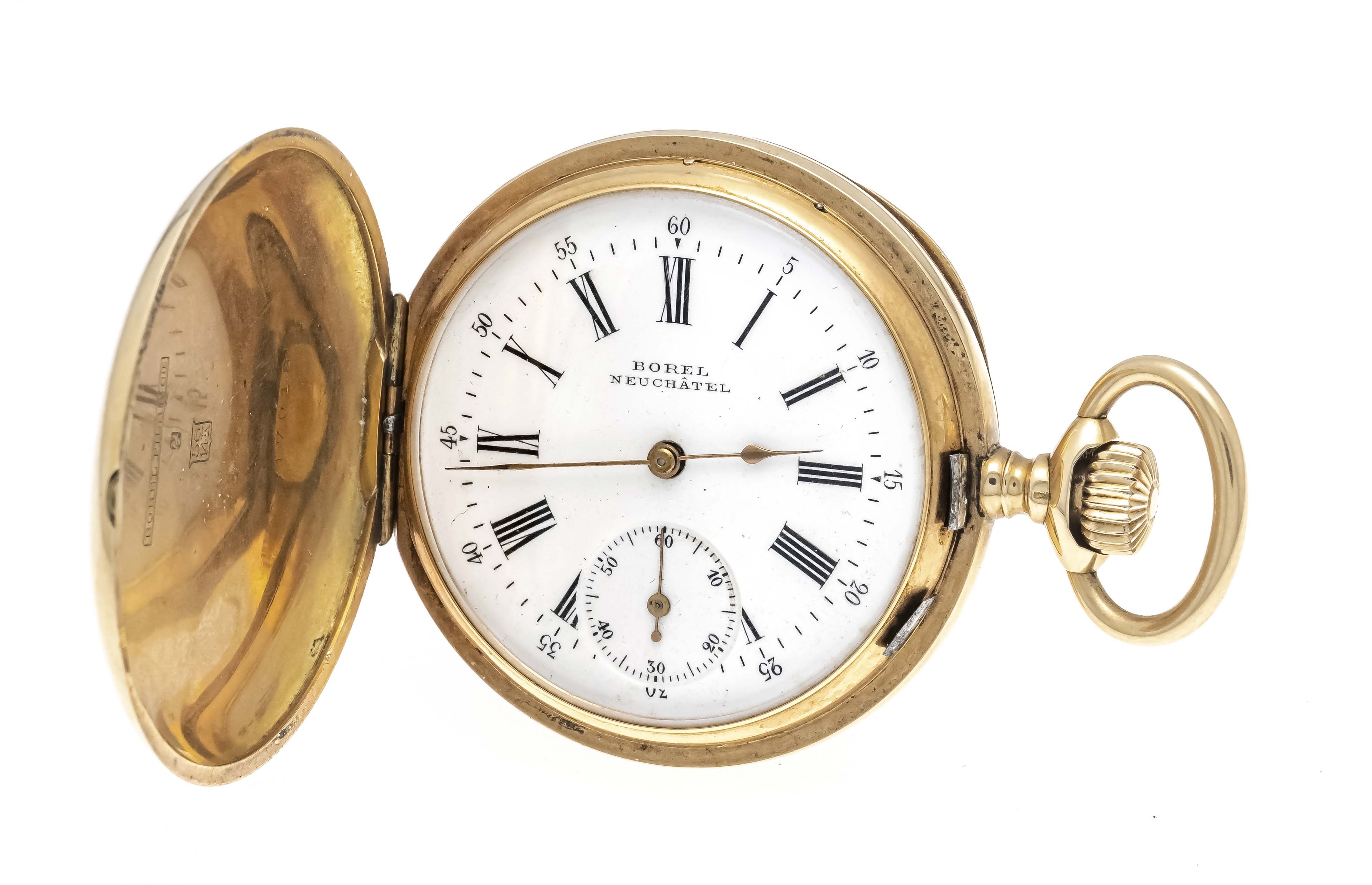 Men's sprung lid pocket watch, Borel Neuchatel, 585/000 GG, 3 gold lids, polished case, circa