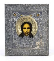 Icon of Christ Pantorkrator, Russia 20th century, copper and brass oklad, slightly rubbed, 30 x 26