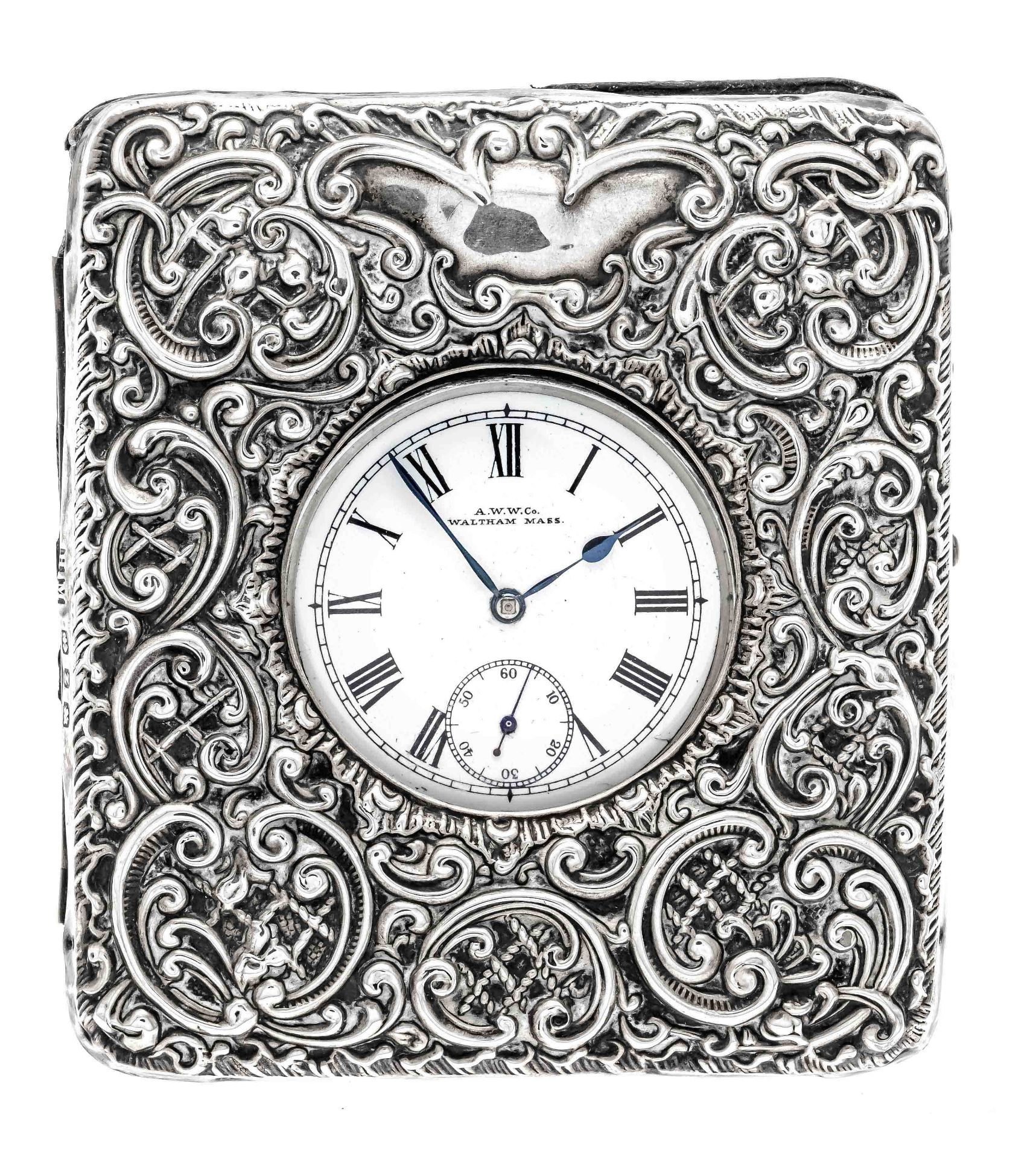 Pocket watch in pocket watch frame, silver, pocket watch by A.W.W. Co. & Waltham Mass, silver - Image 3 of 3