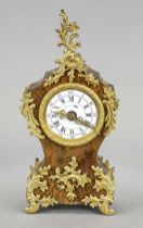 Mahogany table clock, with applied floral bronze applications, white enamel dial with black Roman