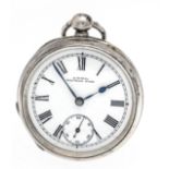 Pocket watch in pocket watch frame, silver, pocket watch by A.W.W. Co. & Waltham Mass, silver