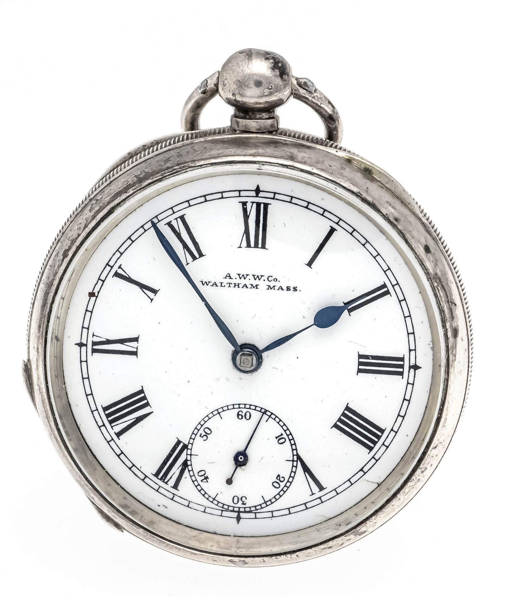 Pocket watch in pocket watch frame, silver, pocket watch by A.W.W. Co. & Waltham Mass, silver