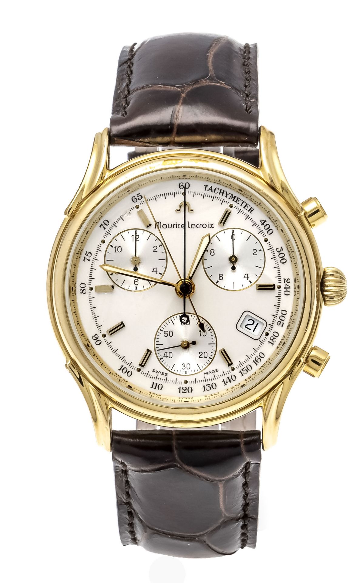 Maurice Lacroix men's quartz watch with chronograph and split-seconds hand, circa 1990, gold-