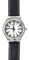 swatch steel quartz watch, white dial with black arab. numerals, date at 3 o'clock, blue white