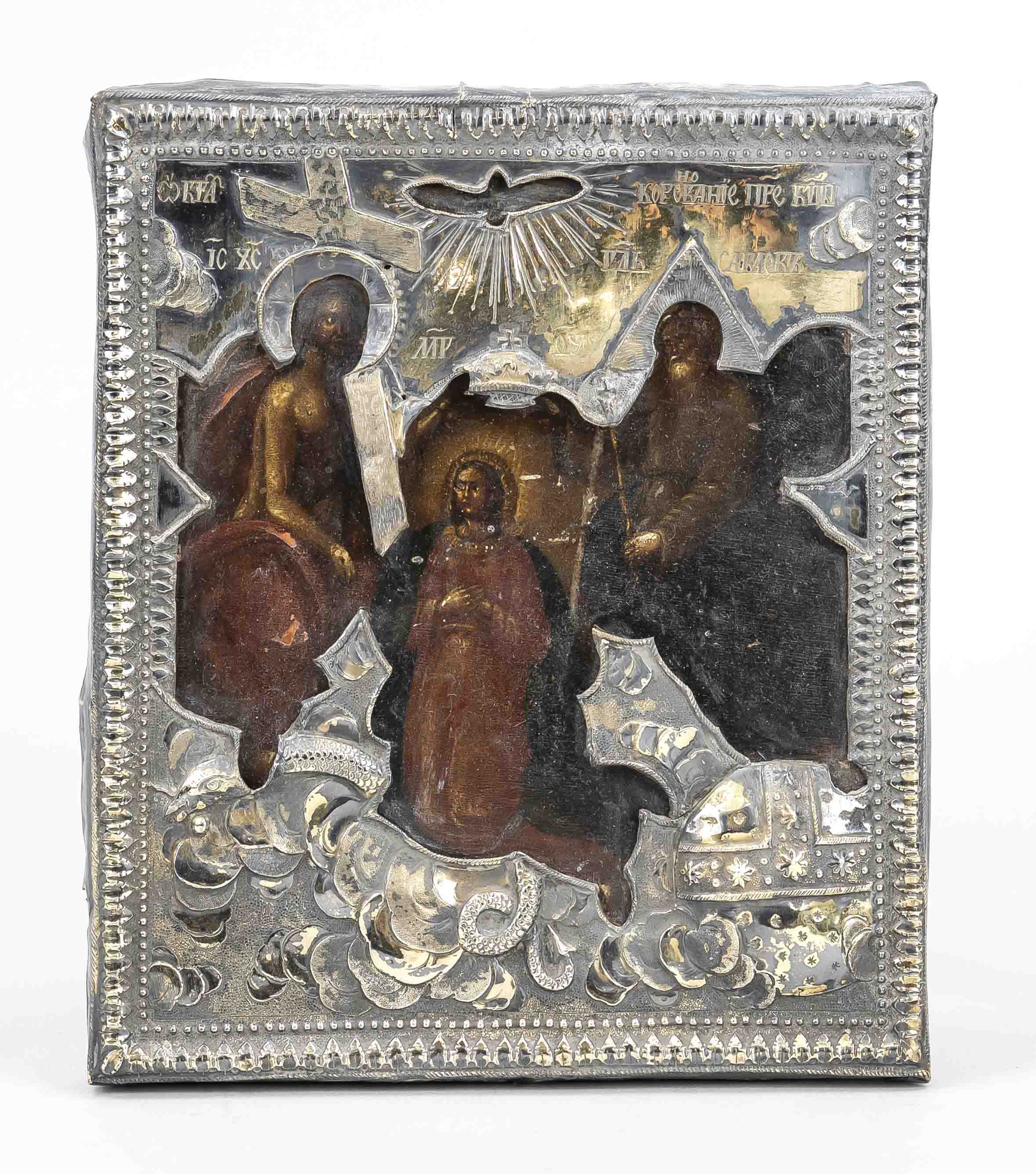 Icon with oklad, hallmarked Russia, 1809, Moscow, MZ, silver 84 zolotniki (875/000), rubbed &