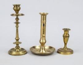 3 candlesticks, 19th century, brass. Different versions, rubbed, up to 24 cm