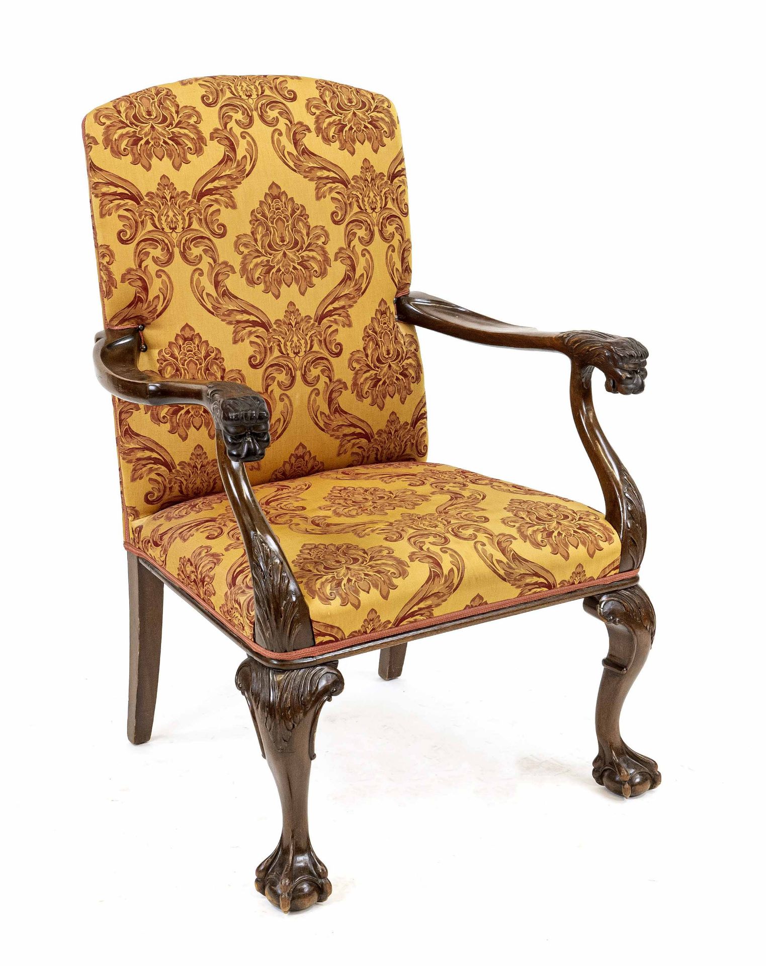 Armchair from around 1920, walnut, carved frame, armrest ends in the shape of lion heads, 103 x 67 x