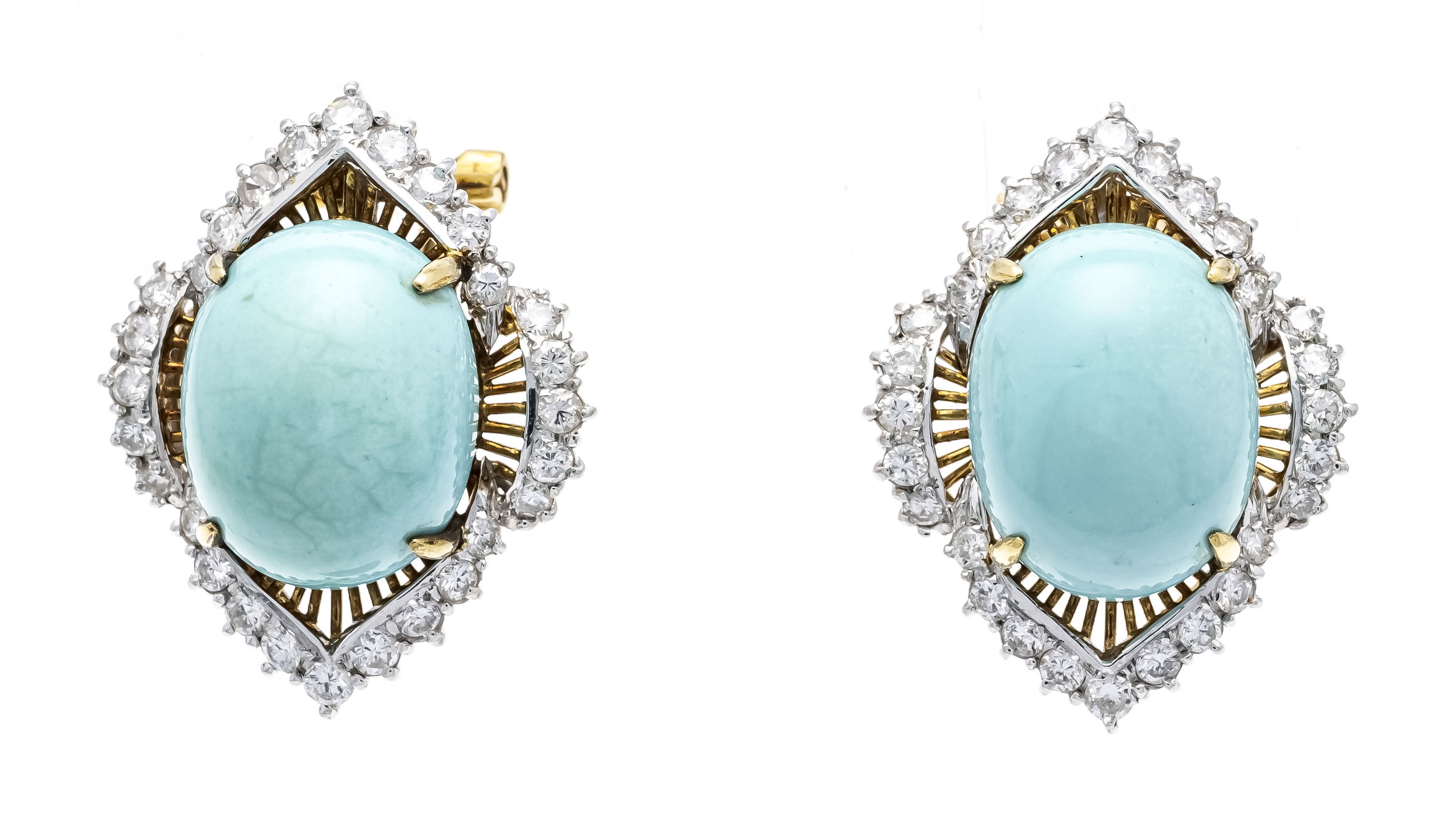 Turquoise and brilliant-cut diamond clip ear studs GG 750/000 with 2 oval turquoise cabochons 13.5 x