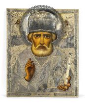 Icon with oklad, hallmarked Russia, 1869, hallmark Viktor Vasilyevich Savinsky, Moscow, MZ, silver