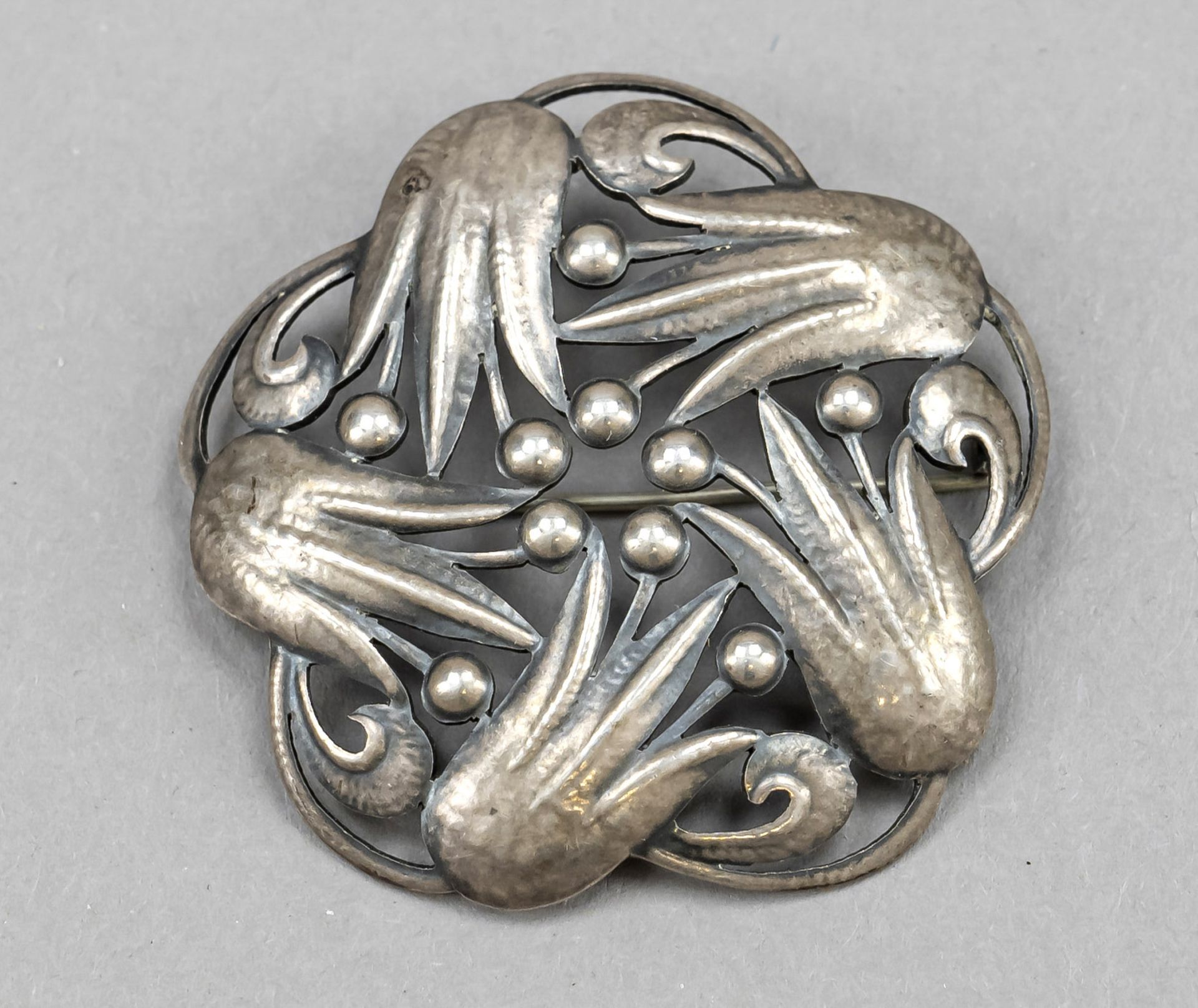 Brooch, German, 20th century, silver 800/000, flower shape, open-worked, with floral relief