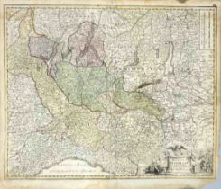 Historical map of Lombardy ''Ducatus Mediolani...'', copper engraving map by Homann, Nuremberg