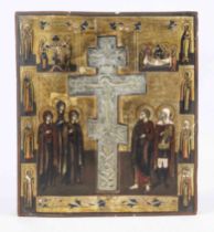 Icon with Orthodox bronze cross, Russia, 19th century, polychrome tempera painting and gold on chalk