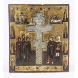 Icon with Orthodox bronze cross, Russia, 19th century, polychrome tempera painting and gold on chalk