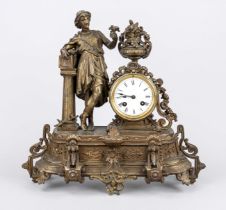 French. Figure pendulum, 2nd half 19th century, bronzed white cast iron, a woman with birds
