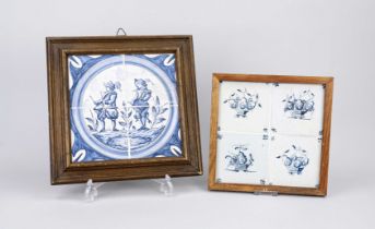 2 tile pictures, Holland, 18th/19th century, cobalt blue decoration, 1 x 2 drummers in round