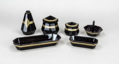 Six-piece toiletry set, 1st half 20th century, Moser (?), dark violet glass with gold decoration,