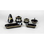 Six-piece toiletry set, 1st half 20th century, Moser (?), dark violet glass with gold decoration,