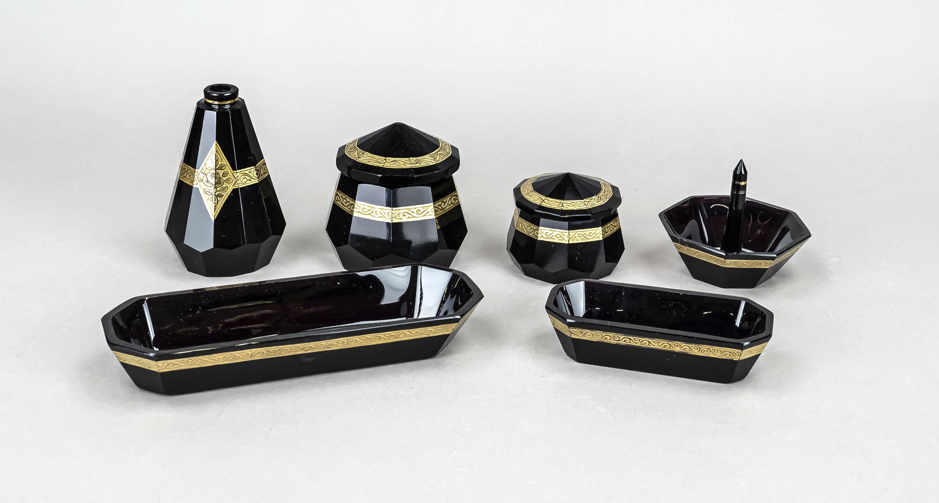 Six-piece toiletry set, 1st half 20th century, Moser (?), dark violet glass with gold decoration,