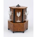 Table bar with music box, probably Germany 1st h. 20th c. Hexagonal, stepped body with bird's-eye