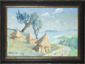 Roman Breitenwald (1911-1985), Polish artist, sunlit landscape with haystacks, oil on hardboard,