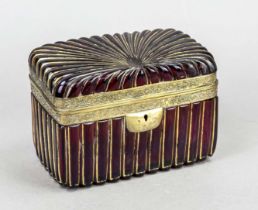 Rectangular sugar bowl, 19th century, straight form, ribbed wall, hinged hinged lid with brass