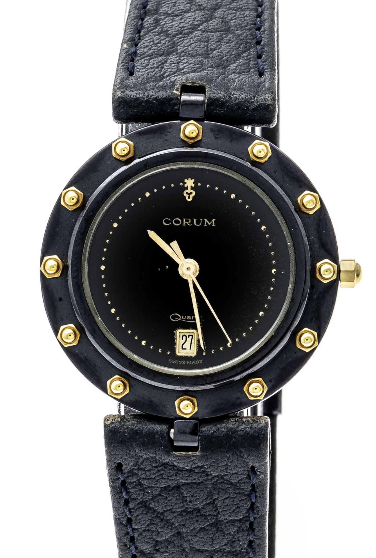 Corum Clipper Club, ladies quartz watch, Swiss ladies watch 80s, steel black ionized/ GG, black dial