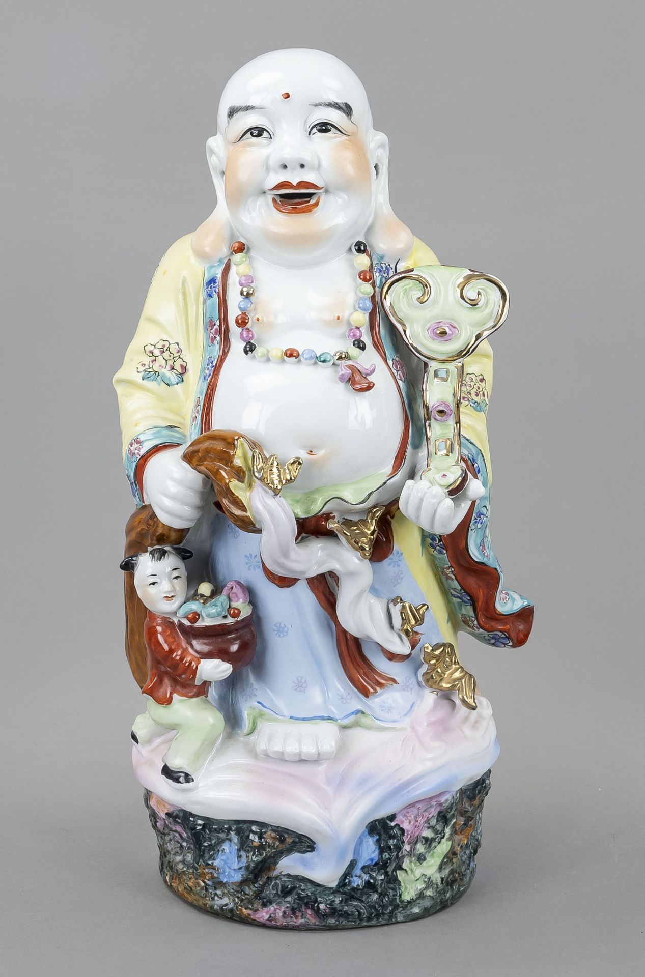 Big-bellied Buddha with his sack and boy, China, 20th century, porcelain figure of Budai with ruyi